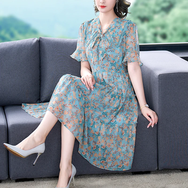 

Summer Floral Chiffon Butterfly Sleeve Bow Collar Midi Dress 2024 Women New Korean Fashion Light Elegant Bodycon Beach Sundress
