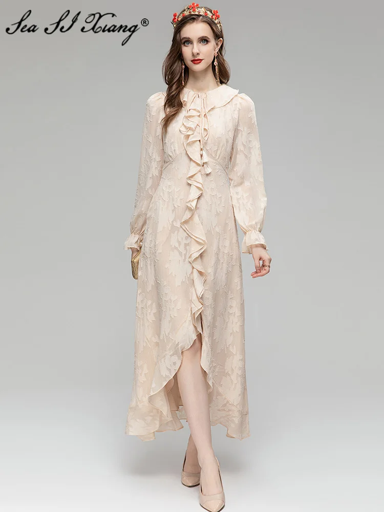 

Seasixiang Fashion Designer Summer Jacquard Dress Women O-Neck Lantern Sleeve Ruffles Vintage Party Asymmetrical Long Dresses
