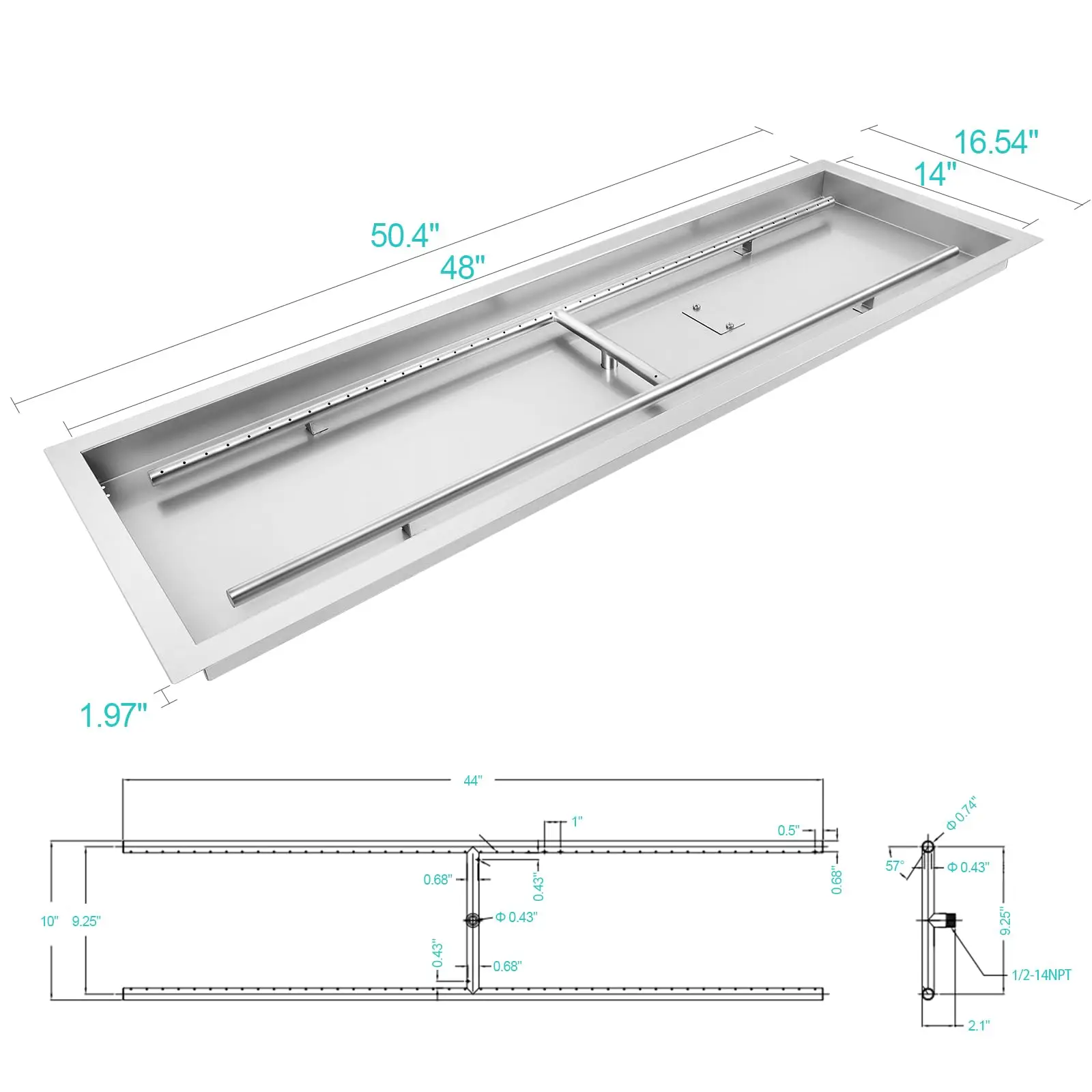 48 x 14 inch Rectangular Drop-in Fire Pit Pan Kit, Fire Pit Pan Kit with H-Shaped Burner, Spark Ignition Kit and Hose for In