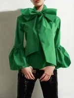 Modigirl – chemise à col haut avec nœud papillon pour femmes, manches lanternes, chemisier vert uni, mode urbaine, haut de banlieue, nouvelle collection 2024 1