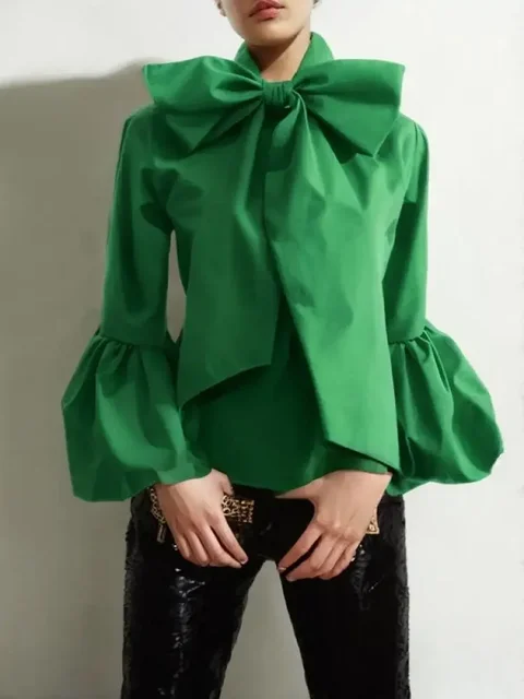 Modigirl – chemise à col haut avec nœud papillon pour femmes, manches lanternes, chemisier vert uni, mode urbaine, haut de banlieue, nouvelle collection 2024 1