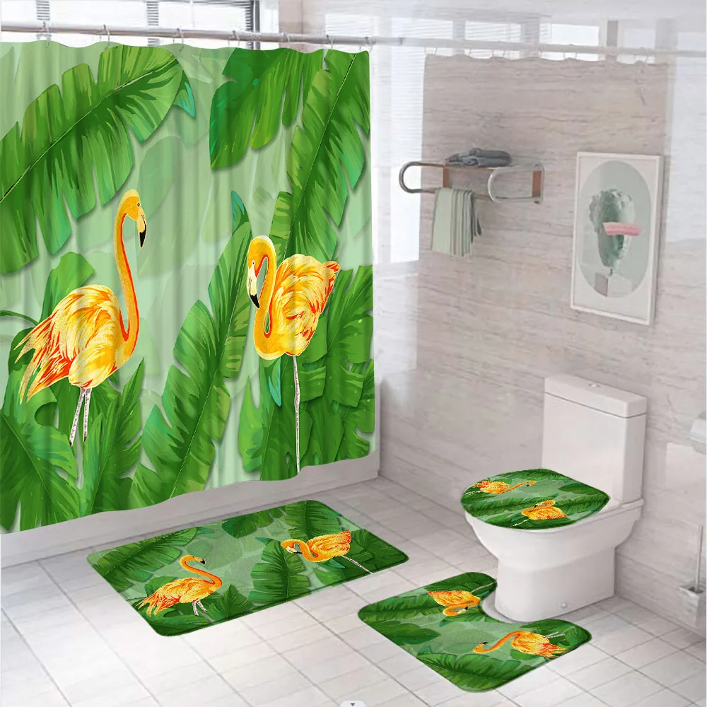 Pink Flamingo Shower Curtain Sets Tropical Green Palm Banana Leaves Fabric Bathroom Curtains Non-Slip Bath Mats Rug Toilet Cover