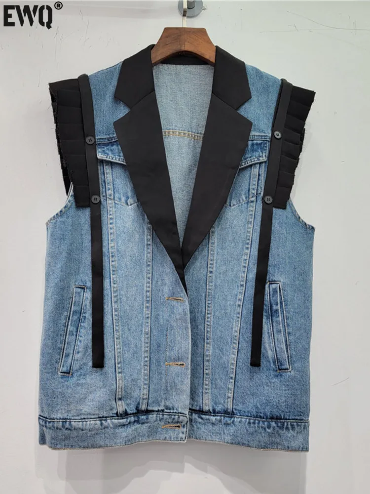 

[EWQ] Sleeveless Jacket Loose Outerwear Black Notched Collar Women's Clothing Waistcoat Denim Vest All-match Tops 2023 Autumn