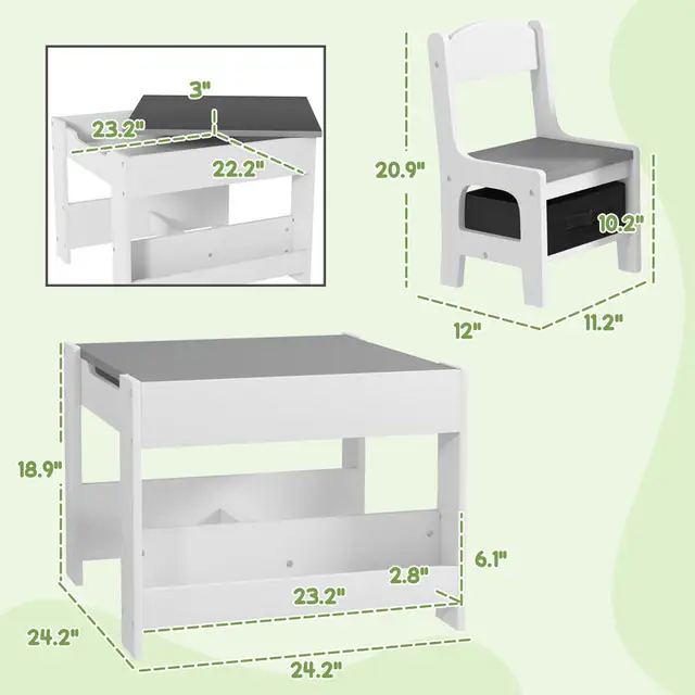 Qaba 3pc Kids Table and Chair Set with Reversible Tabletop Blackboard, Storage & Bookshelves, Gray