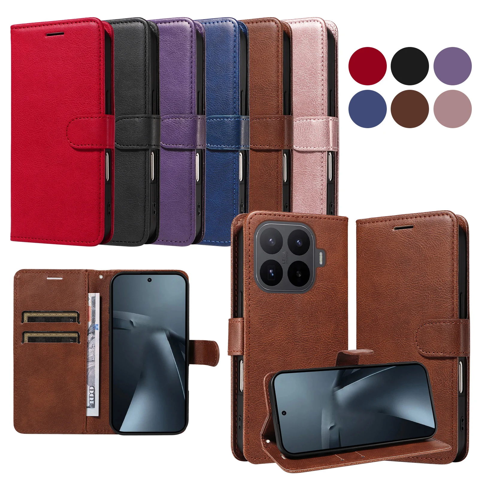 Leather Wallet Flip Phone Case with Card Holder and Stand Feature
