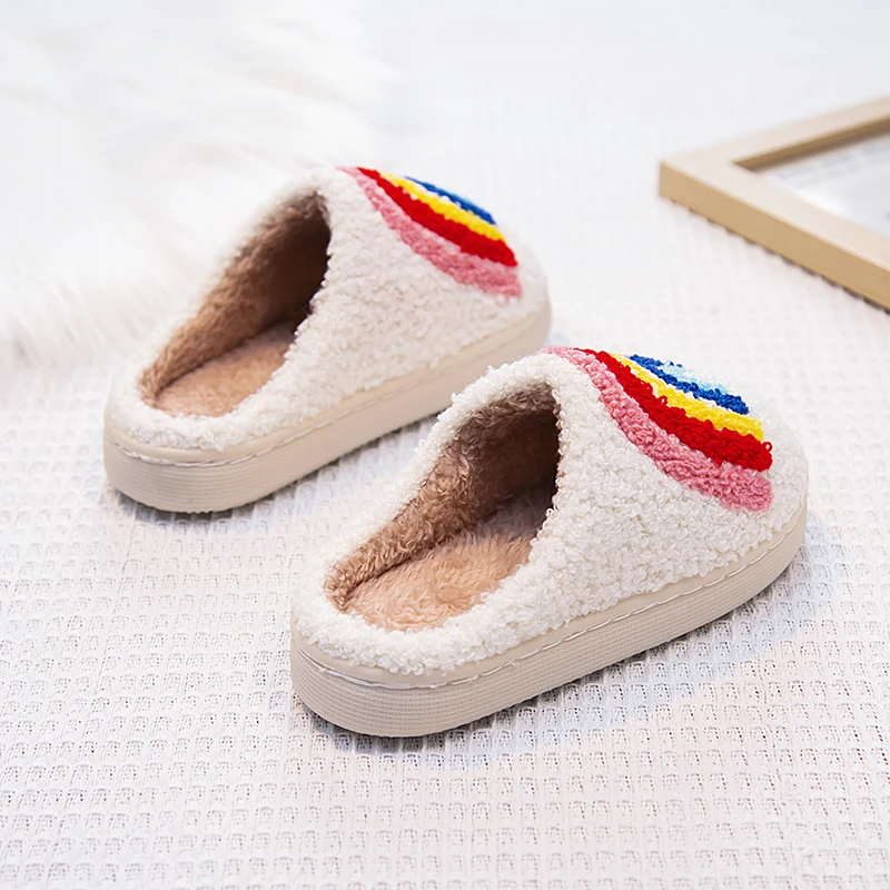 Rainbow Furry Kids Slippers Winter Soft Plush Home Shoes