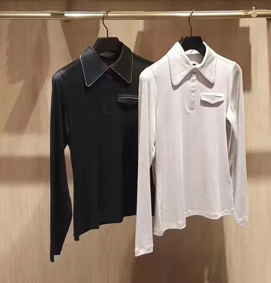 New spring autumn long sleeve big collar crystal elegant golf shirt for women ladies casual wear high quality top