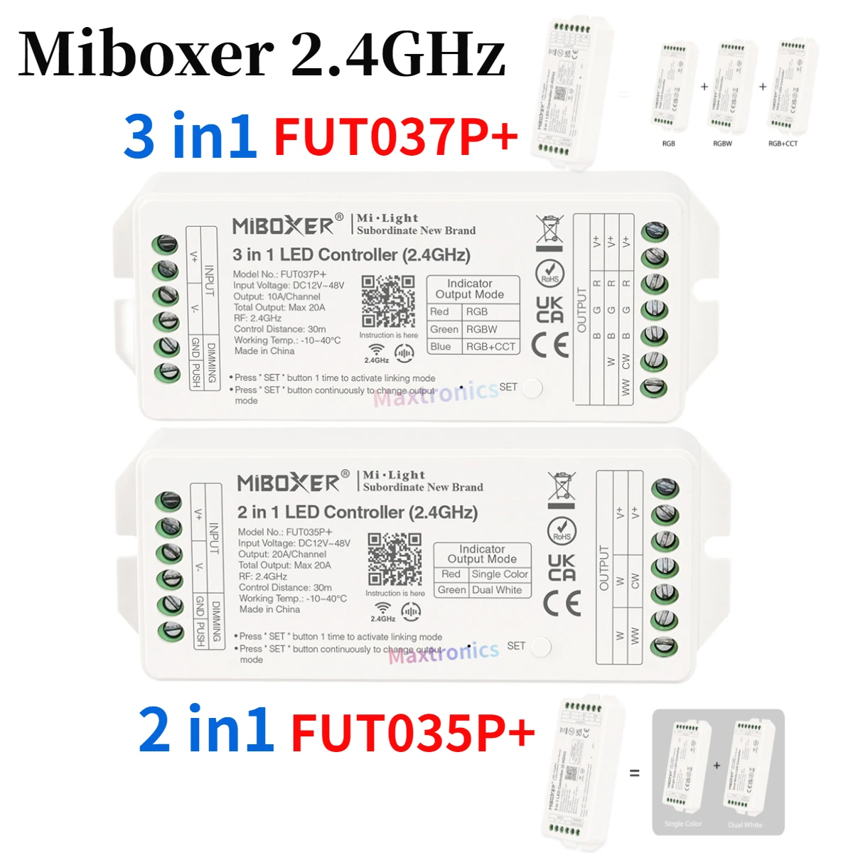 

Miboxer, 12 В-48 В, фотоконтроллер, 2,4 ГГц, FUT035P + / FUT037P + Макс 20 А, для двух белых одноцветных/RGB RGBW RGB + CCT, фотолампа, 1 шт.