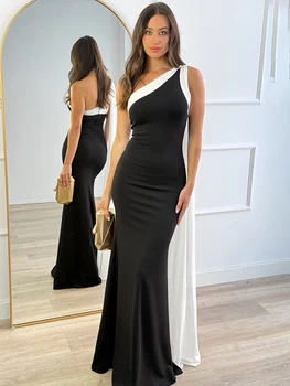 Blifanbo Diagonal Collar Ribbon Sexy Maxi Dress Women Elegant Bodycon Constrast Color Sleeveless Backless Club Party Long Dress