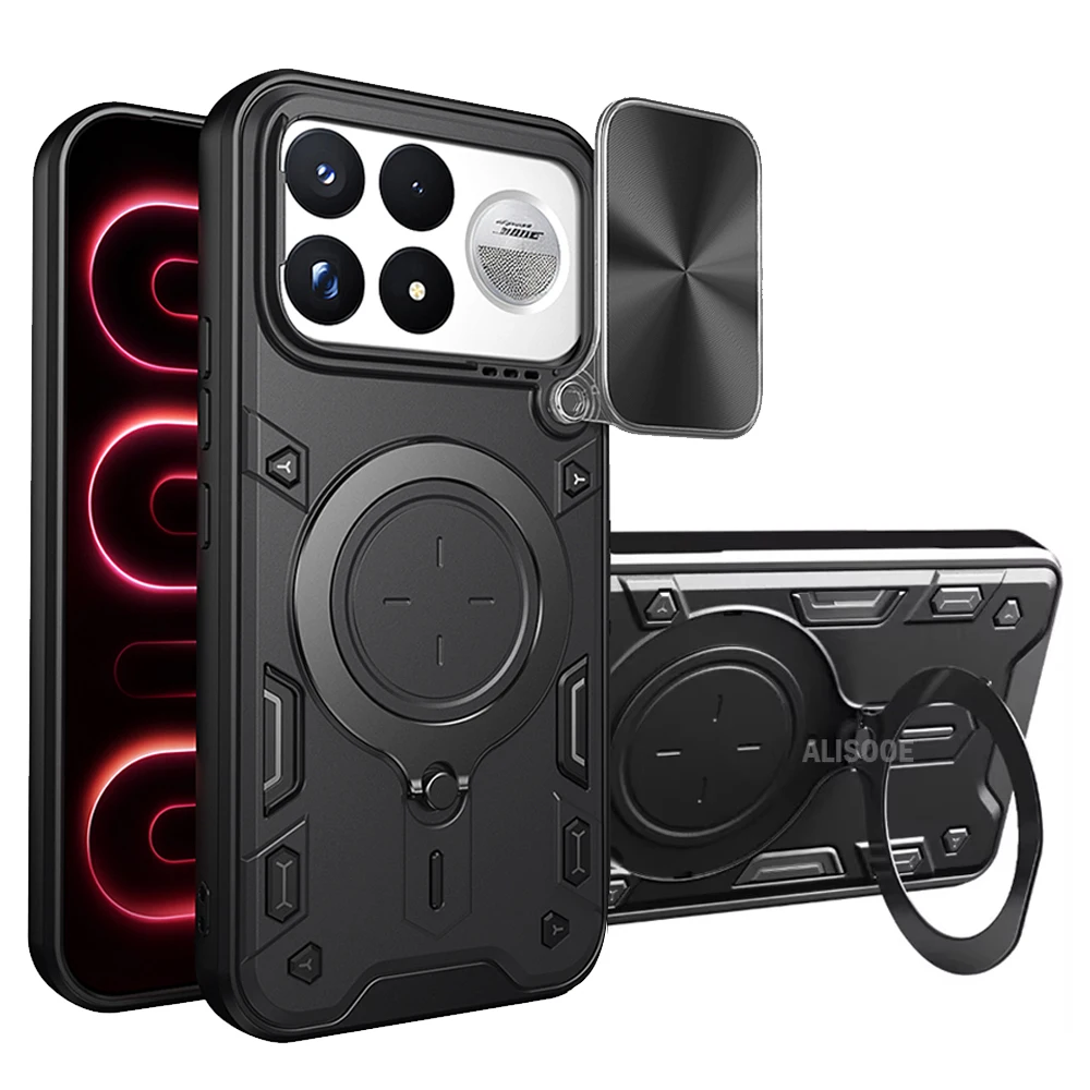 Slide Camera Shield Phone Case with Magnetic Ring Stand - Full Protection Shockproof Cover