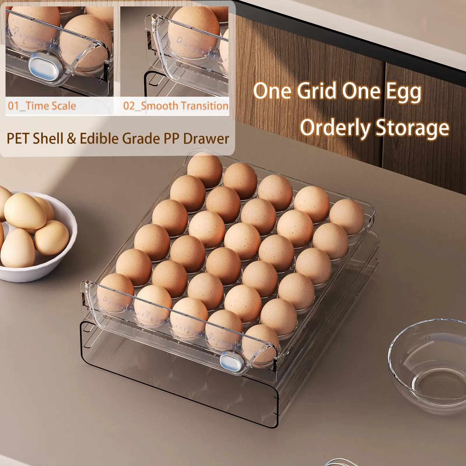 Description Picture 3 of itemEgg Holder for Refrigerator Drawer Organizer Clear Fresh Storage Box with Time Scale Large Capacity Tray