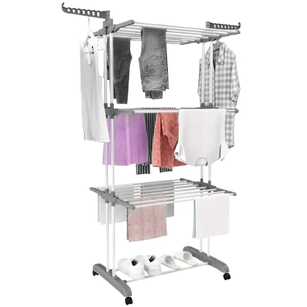 Foldable Iron Laundry Drying Rack with Castors for Indoor Outdoor Use