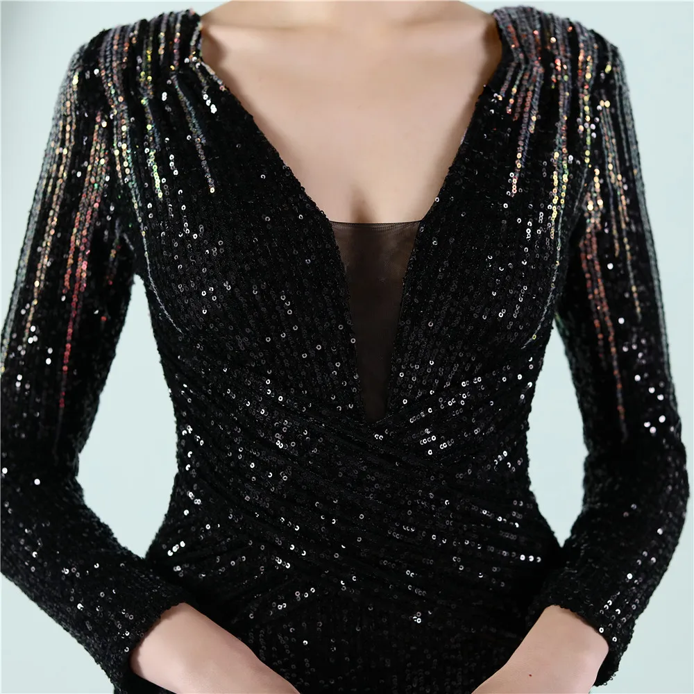 Sequined Long Sleeve V Mermaid Evening Dresses Formal Prom Pageant Wedding Party Robe Re Soirée Femme Robe De Soirée Se Mariage evening wear for women