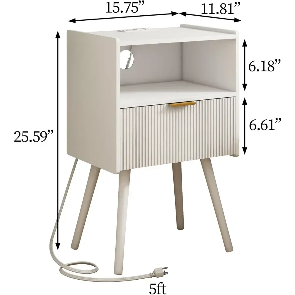 White Nightstand with Outlet,Modern Bedside Table with Storage Drawer and Open Wood Shelf, for Living Room, Bedroom and Small Sp