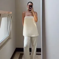 HXAO Satin Pant Sets Women's Two Pieces Set Strapless Off Shoulder Tube Vest 2 Piece Sets Woman Outfit High Waist Trousers Sets - Image 3