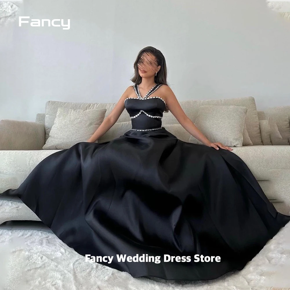 

Fancy Black Satin Crystals Prom Dresses Pleated Sleeveless Evening Dress Mermaid Floor Length Formal Gowns for Women Party Gown