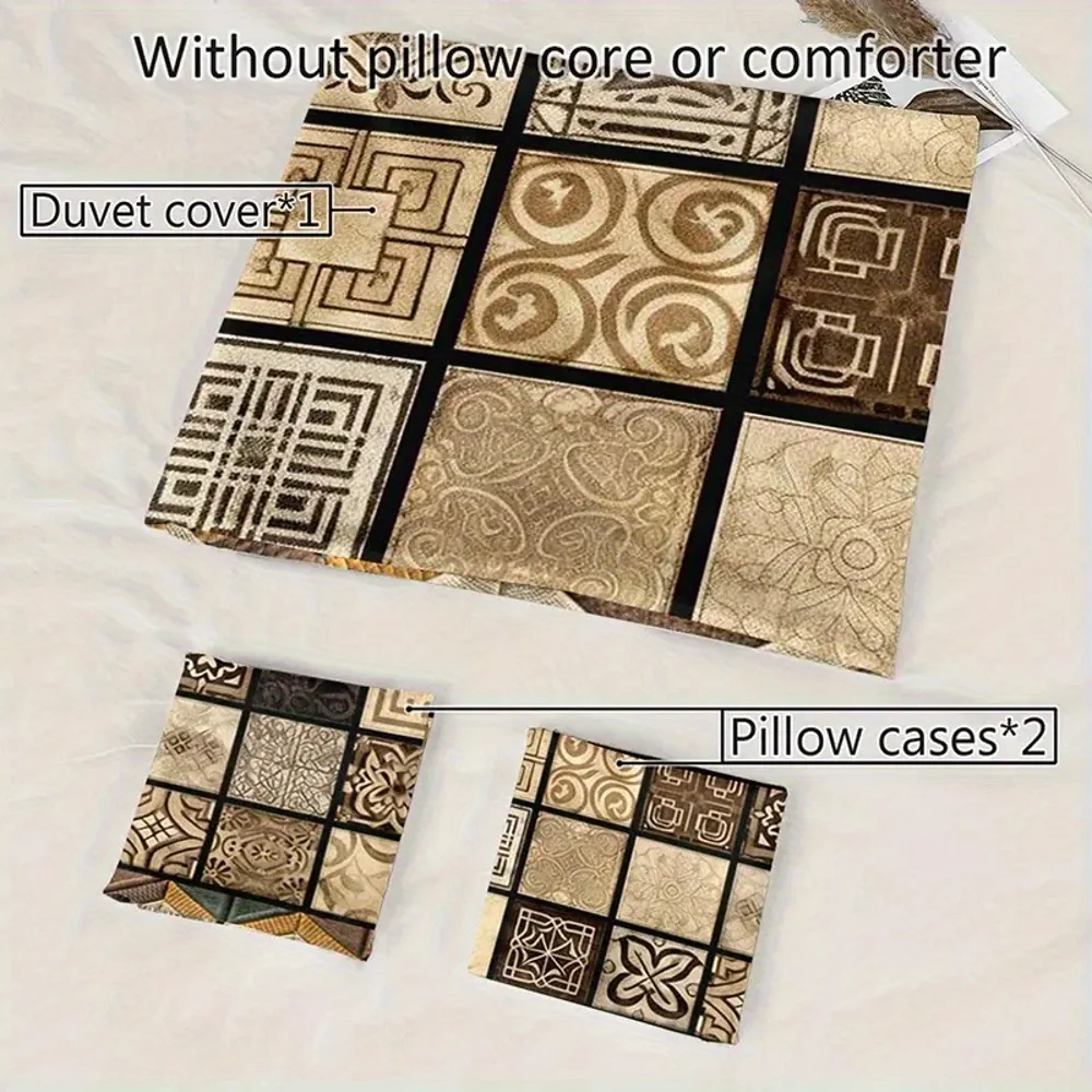 3Pcs Retro Tribal Geometric Patchwork Duvet Cover Set, HD Printing All Season Bedding with Pillowcases for Home Dorm Decor