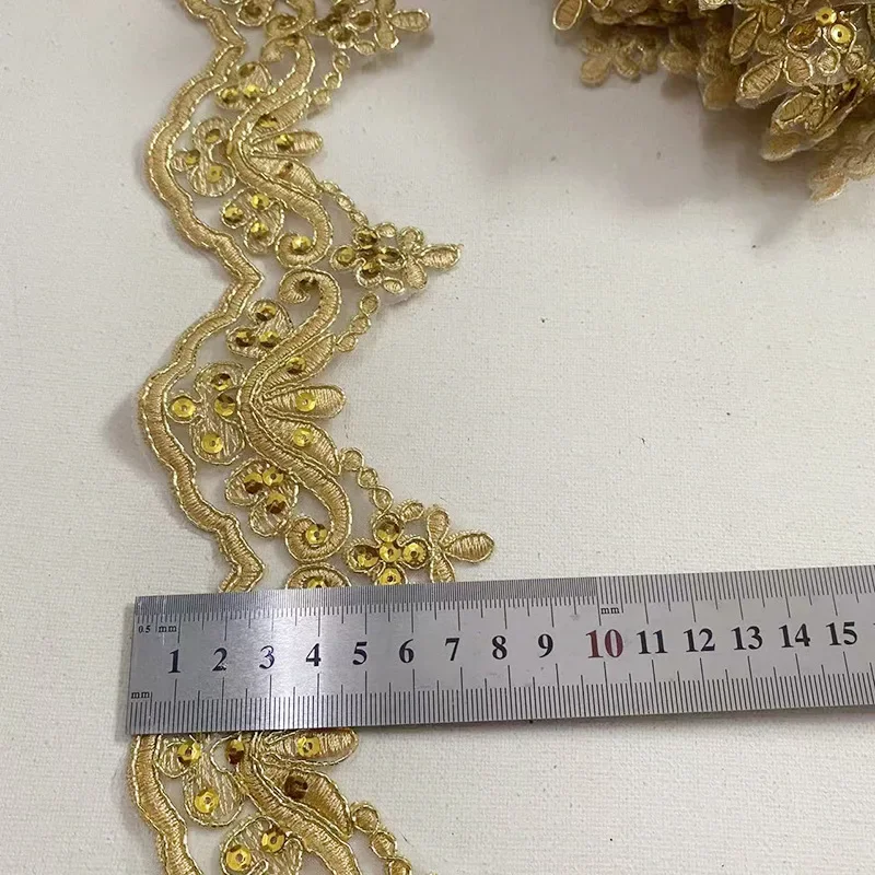 Yard Gold Beaded Cording Fabric Flower Venise Venice Mesh Lace