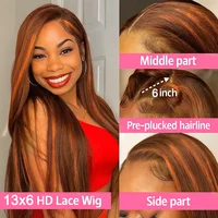 Perruque à mèches en cheveux humains 4/350 #   Perruques Lace Front 13x4 Ombrées Lisses Effet Os, Couleur Roux Orange Brun, Perruque Frontale 13x4 pour Femme 4