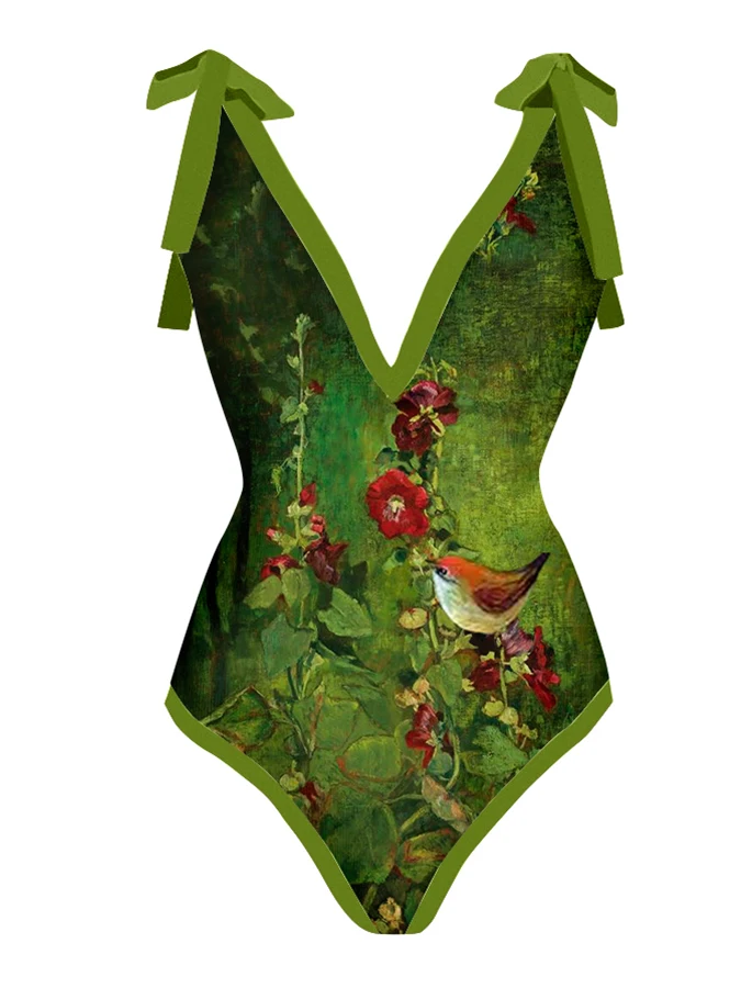 Fashion V-Neck Floral Oil Painting Print One Piece Summer Beach Solid Push Up Micro Swimsuit Set Brazilian Bathing Suit