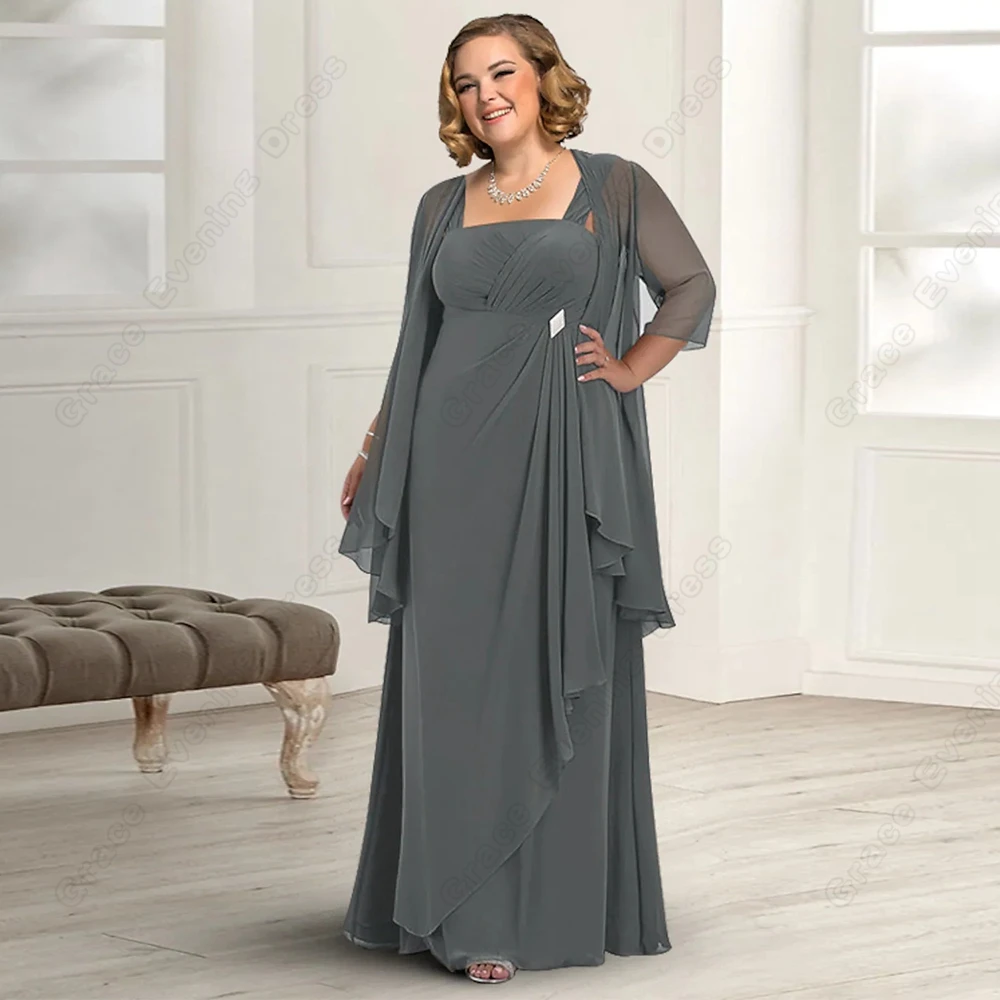 Plus Size Grey Mother of Bride Dresses Chiffon Three Quarter Wedding Party Gowns