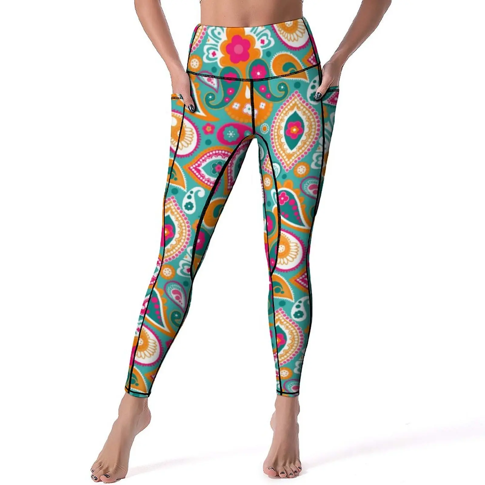 

Retro 60s Print Yoga Pants Paisley 70s Boho Leggings Sexy High Waist Casual Yoga Sports Tights Stretch Custom Workout Leggins