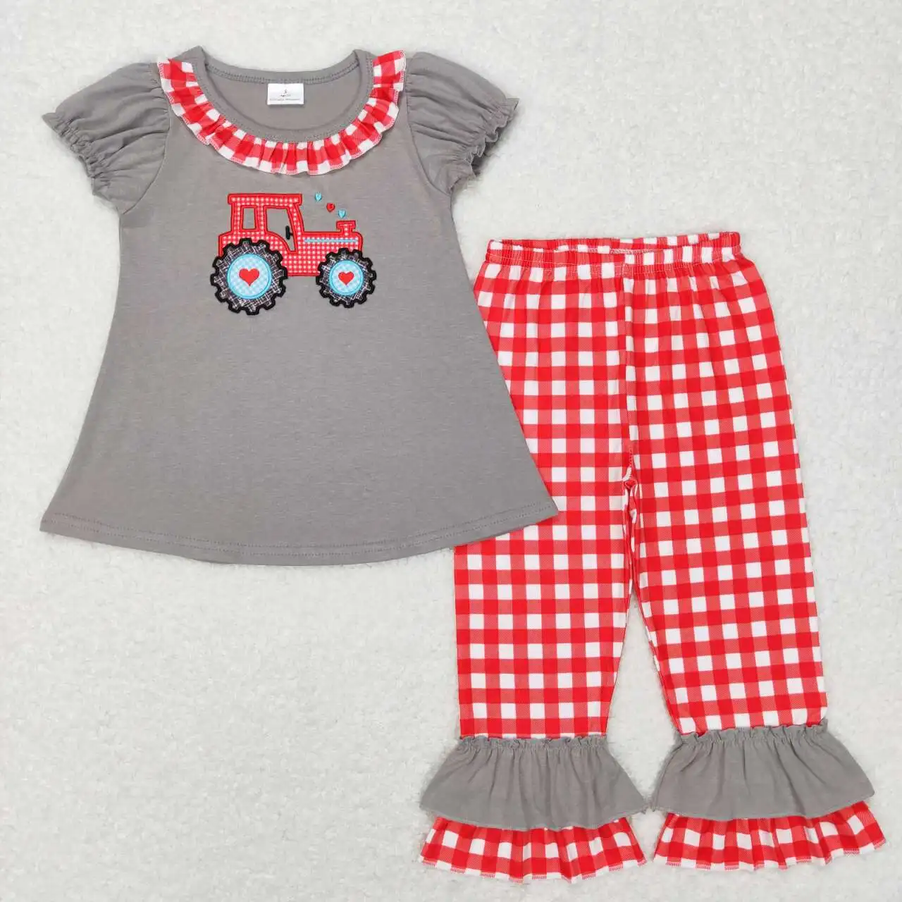 

wholesale hot sale kids baby boys and girls clothes Embroidered Love tractor lace short sleeve red and white plaid pantsuit
