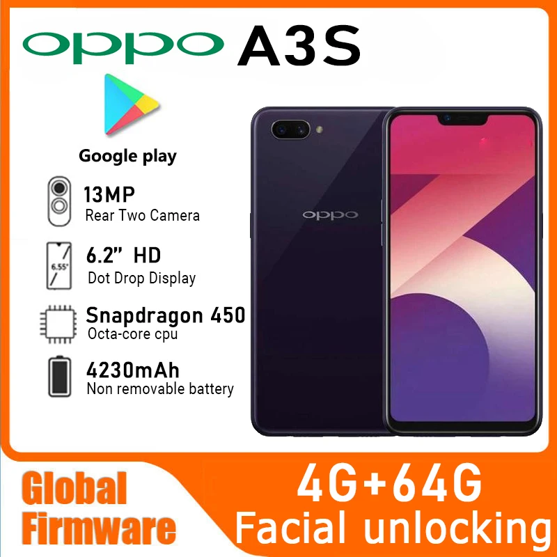 Смартфон OPPO A3s с глобальной прошивкой, 4 Гб ОЗУ, 64 Гб ПЗУ, Qualcomm Snapdragon 450, Android 8,1, распознавание лица, 4230 мАч