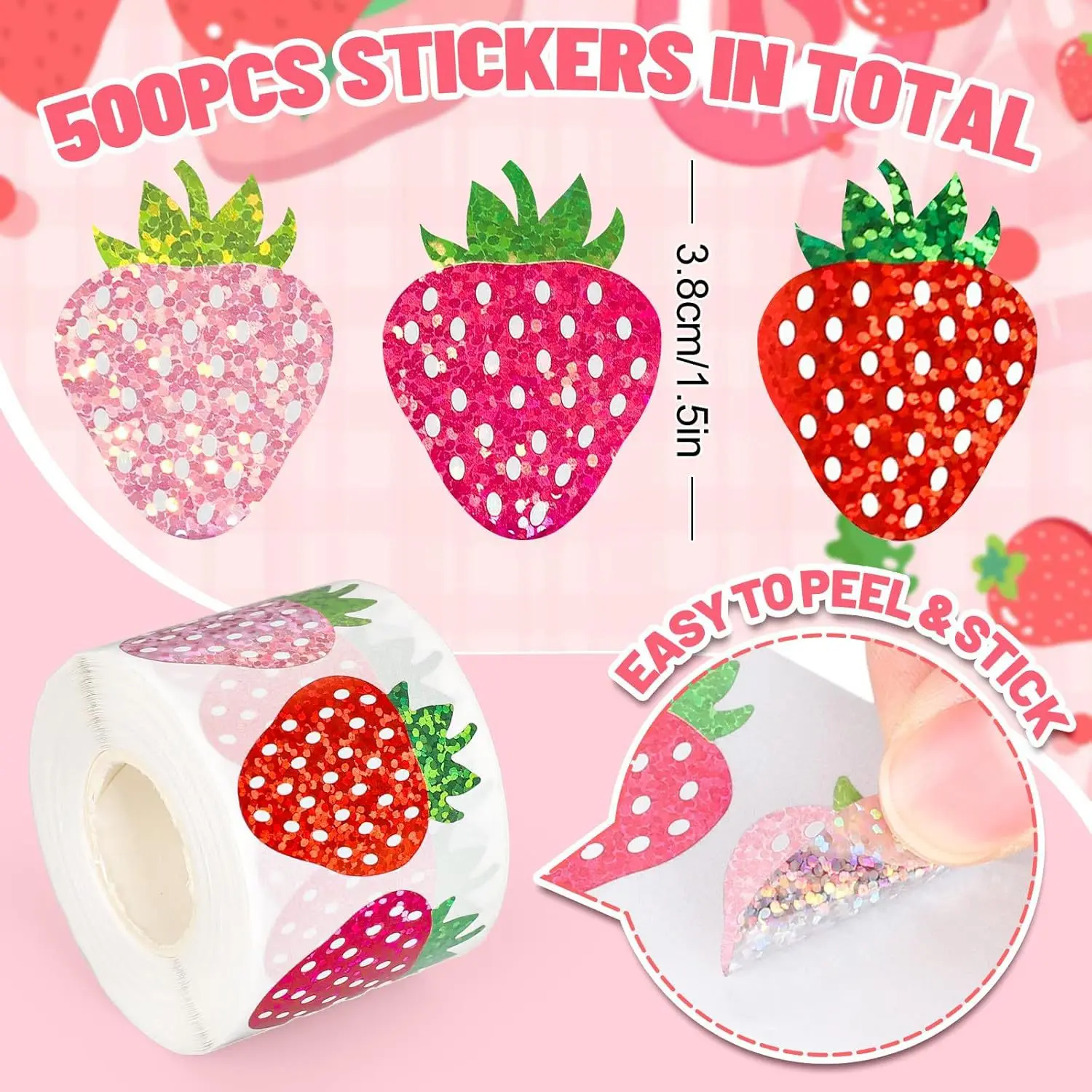 500 Pcs 딸기 스티커 롤 홀로그램 핑크 레드 베리 과일 씰 스티커 3 색 봉투 스크랩북 용 방수 데칼