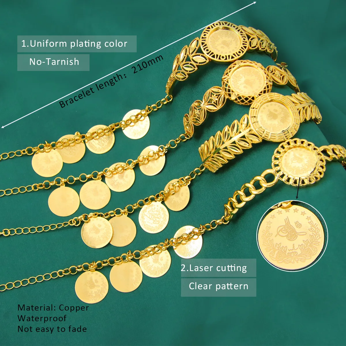 Arabisch vergoldet Münzen Armband 21k Gold Farbe italienische Vintage Charm Armreifen Dubai Frauen Ramadan Party Schmuck – Detail 5
