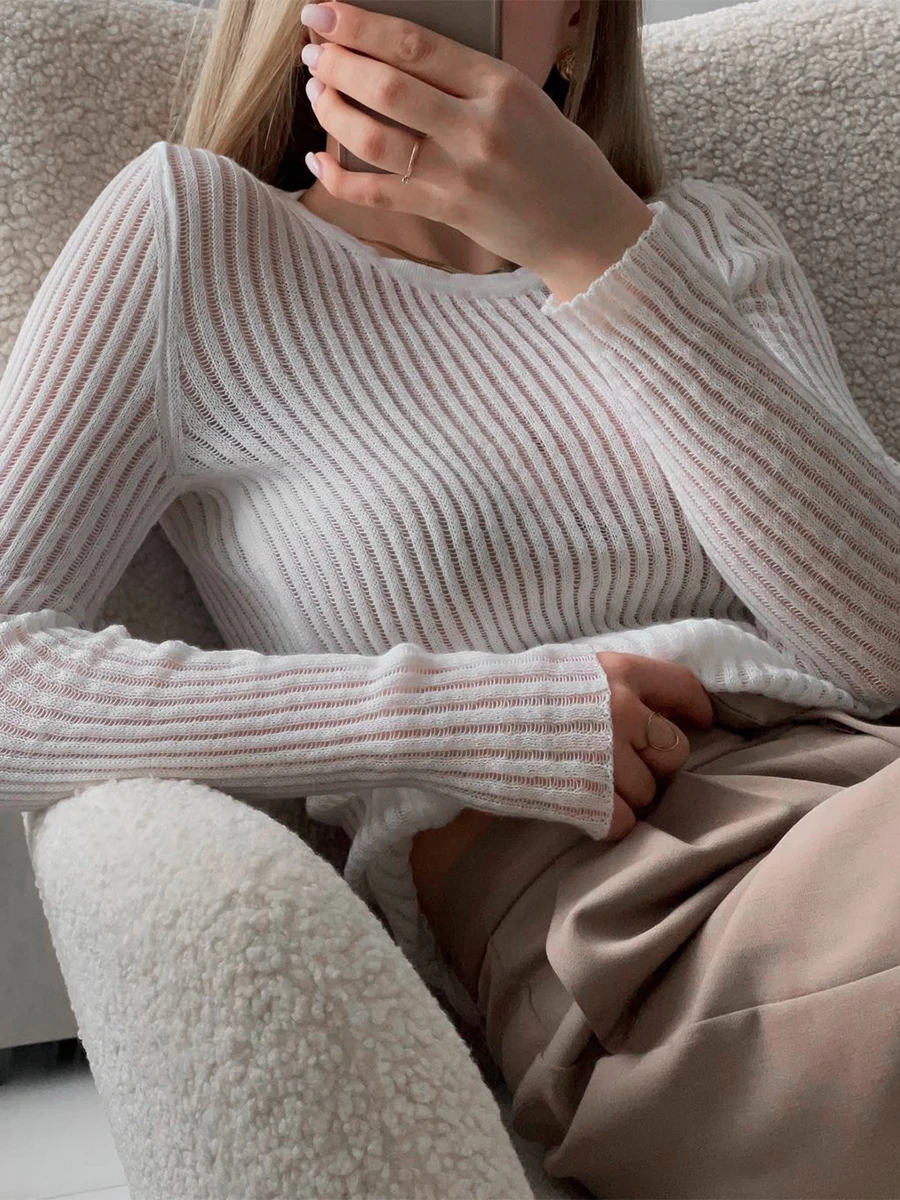 

Women s Knit Sweater Sheer Mesh See Through Top Sexy Long Sleeve Crewneck Rib Loose Fit Knit Pullover Jumper Top