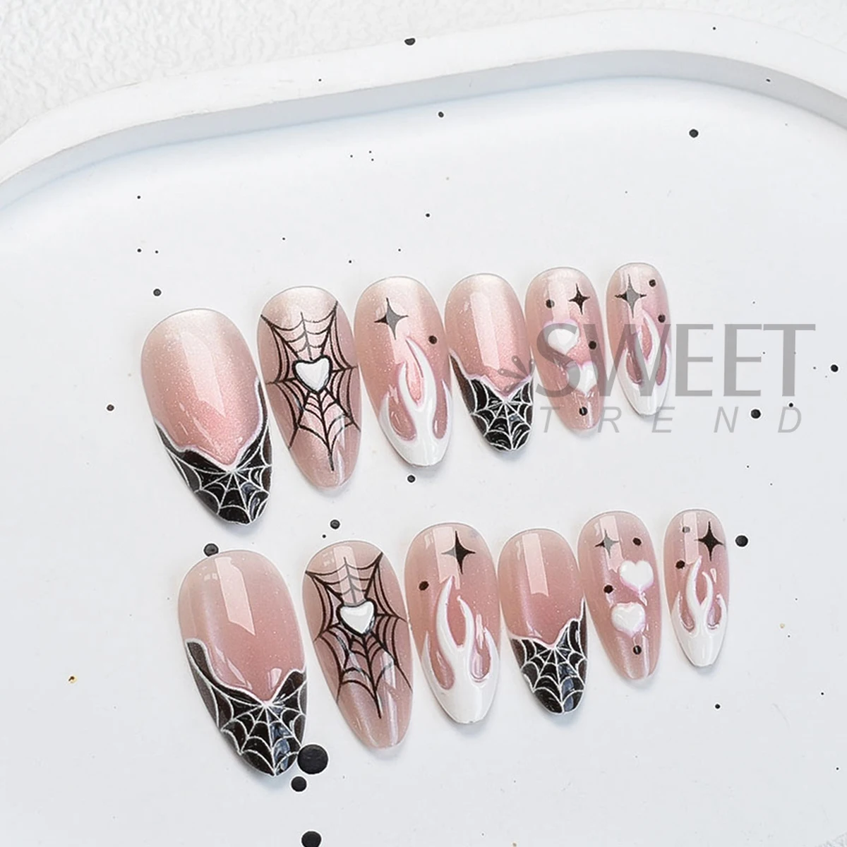 24pcs Cartoon Halloween Series False Nail Tips Cat Eye Shimmer Wearable Fake Nails Skull Spider Web Pumpkin Design Almond Tips