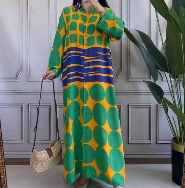 

Casual Dresses for Women 2024 Long-Sleeved Loose Lapel Printed Button Fly Cardigan Dress Oversized Maxi Robe Women's Long Skirt