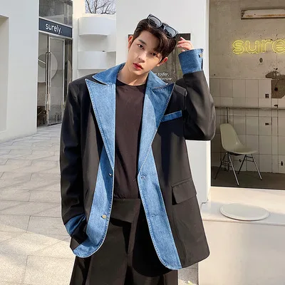 LUZHEN Trendy Denim Splicing Design Blazer Coat Men's Original High Street Color Contrast Stylish Jacket Korean 2024 New B0af0f