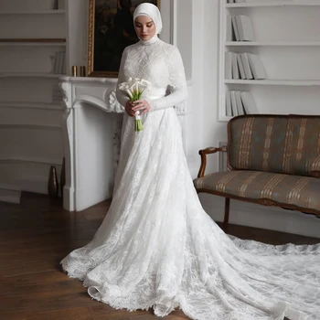 Abiti da Sposa Musulmani con Collo Alto, Maniche Lunghe in Pizzo, Linea A, Strascico, Vestito da Sposa per Donne, Abito Nuziale da Chiesa Personalizzabile