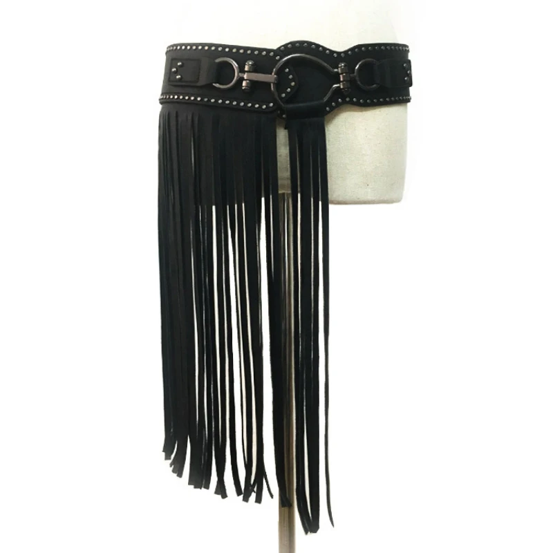 

Euro-american punk style extra long fringe skirt belt Women's fashion rivet wide belt elastic black halloween party accessories