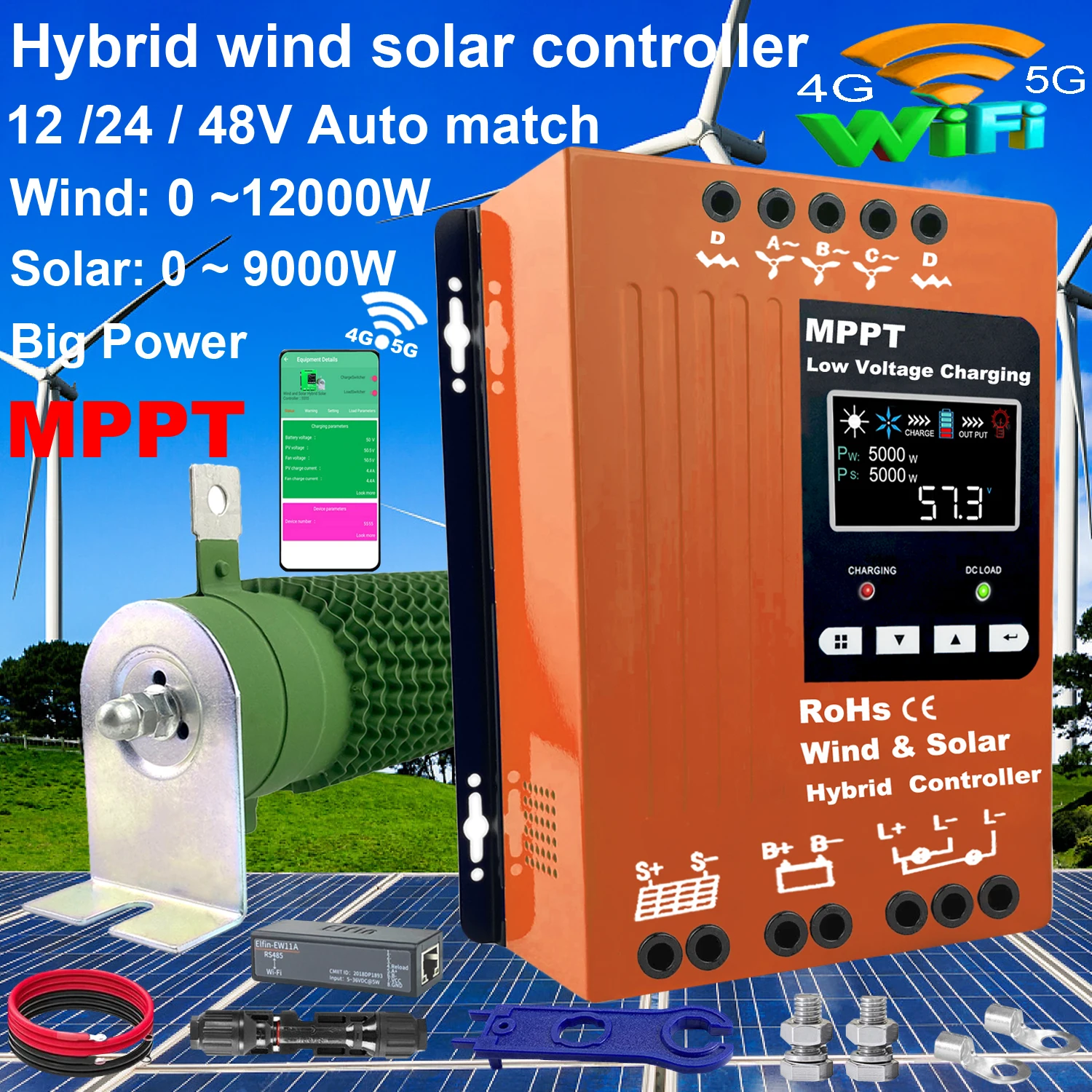 MPPT 풍력 태양광 하이브리드 충전 컨트롤러, 풍력 5000W, 6000W, 태양광 3000W, 4000W, 12 V, 24V, 48V