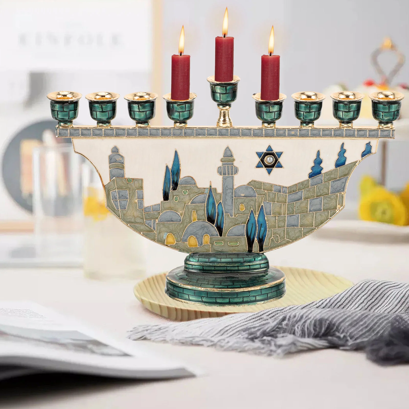 

Hanukkah Menorah Stand Metal Candelabra 9 Head Candlestick for Holiday Decor Celebration