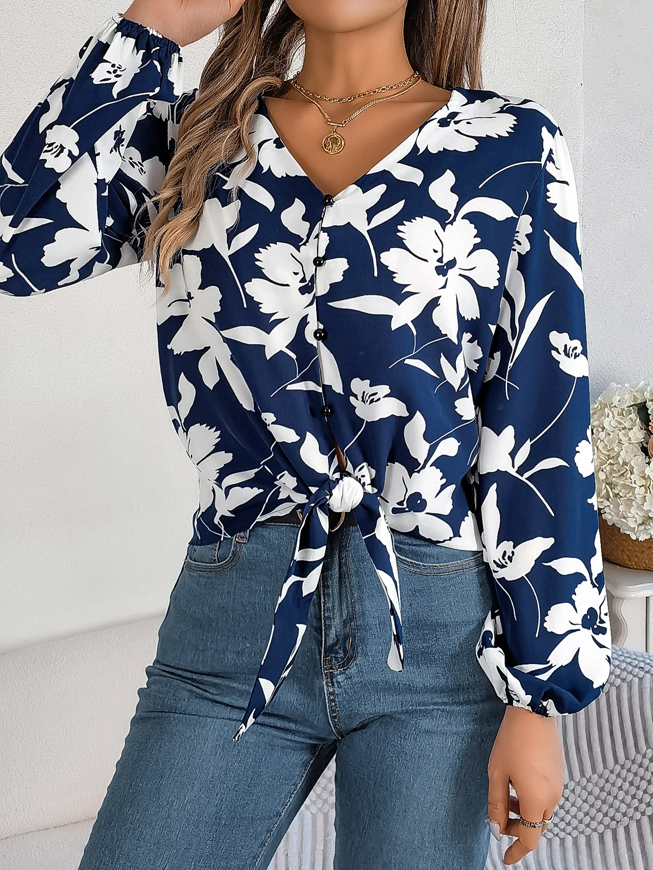 Women Elegant Chiffon Blouse Long Sleeve Lace Office Top