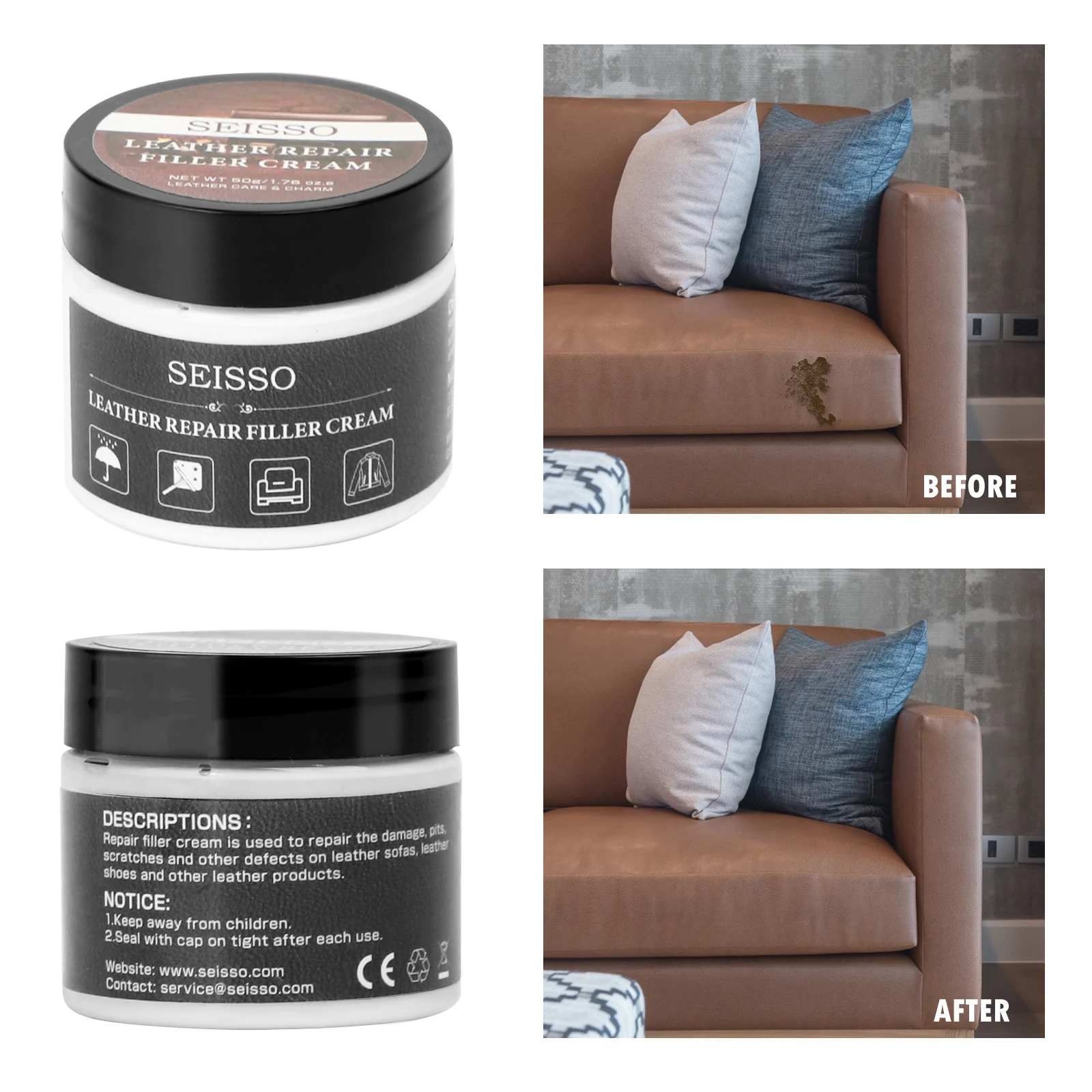 50ml Leather Repair Filler Kit Restore Renew Car Seats Sofa Shoe Scratch Scuffs Repair Cream Furniture Complementary Color Paste