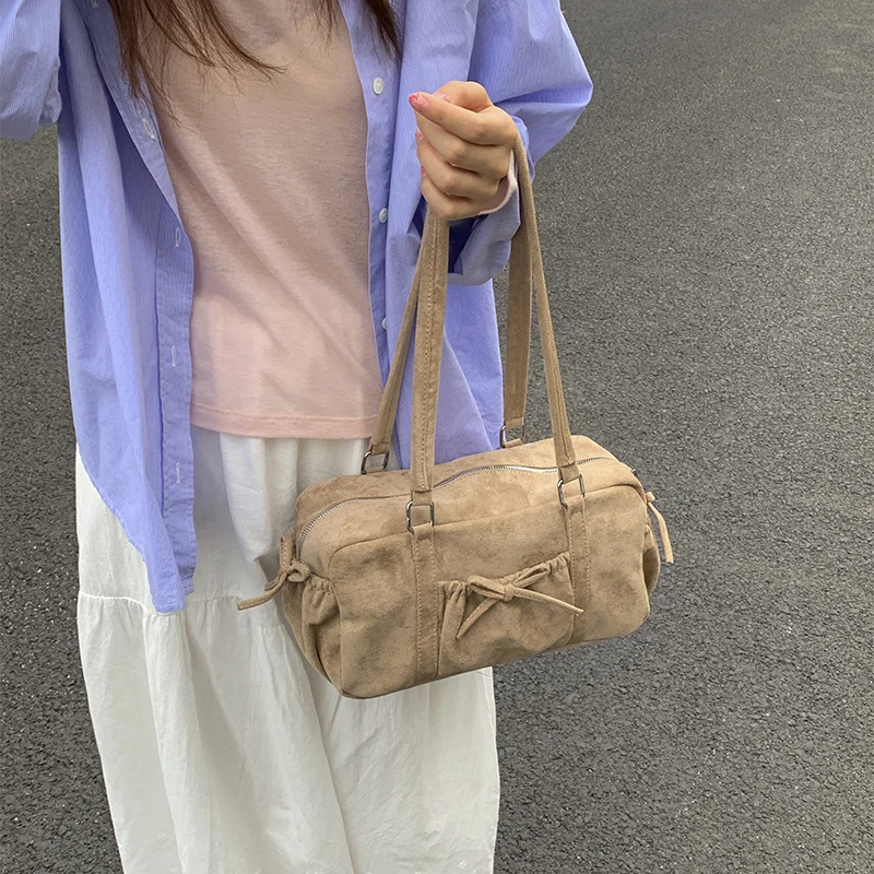 Faux Suede Top Handle Purse Solid Color Pillow Bag Large Square Shoulder Bags for Women Daily Use and Special Occasion