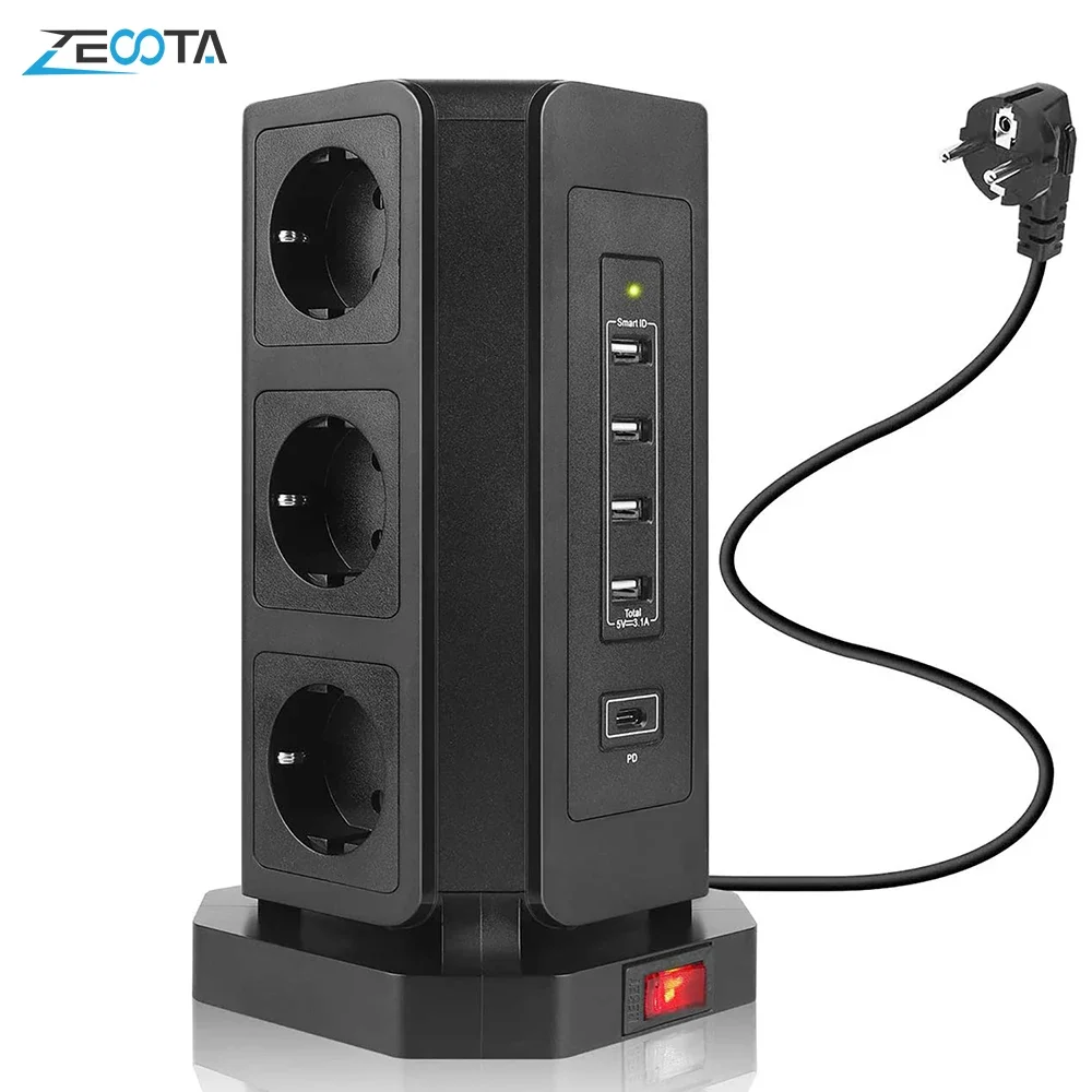 

Vertical Power Strip EU Electrical Tower Kr Plug Outlet Socket USB Type C Cable Surge Short Circuit Protector 2m Extension Cord