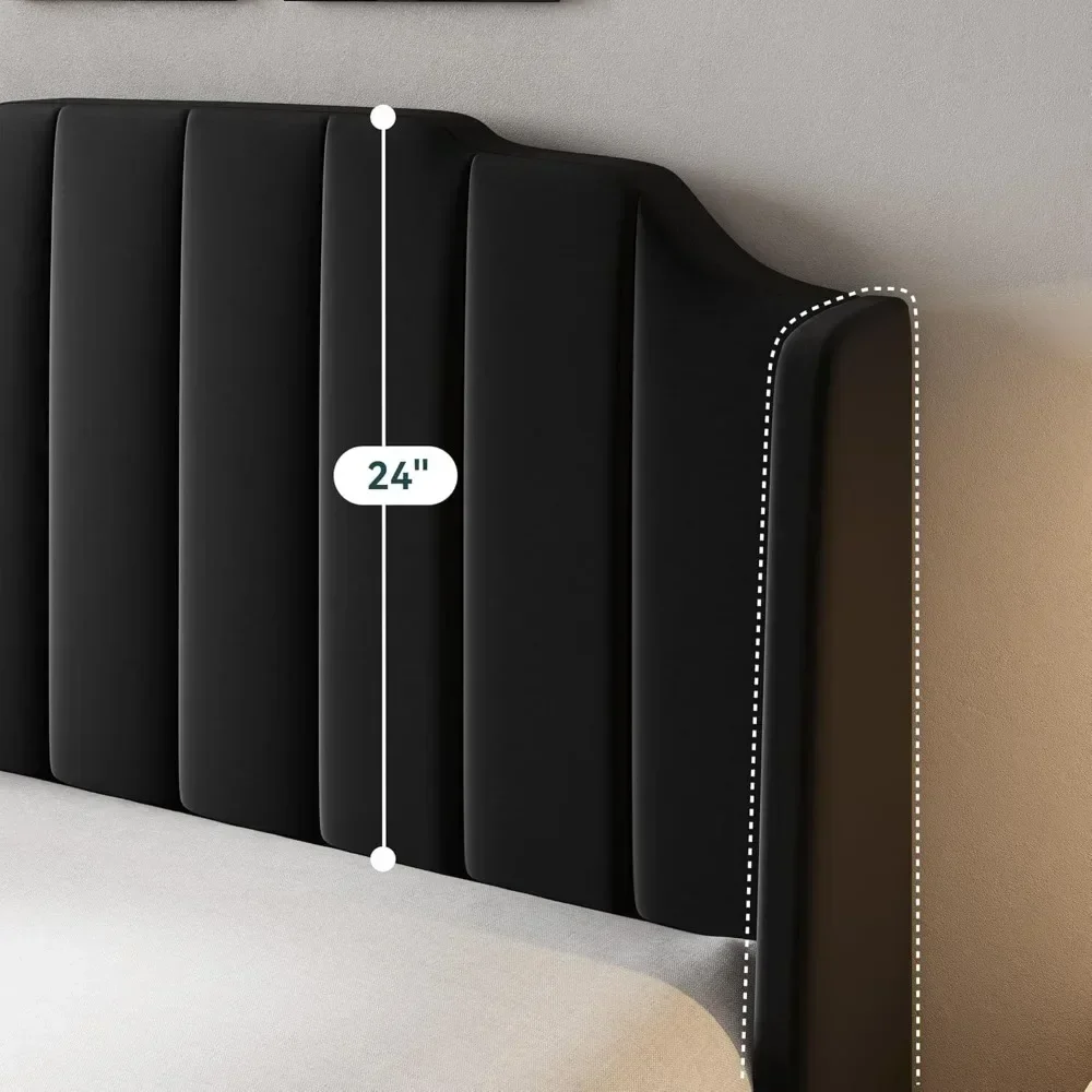 Queen Size Upholstered Velvet Bed Frame with Curved Vertical Wingback Headboard and Footboard,No Box Spring Needed,Easy Assembly 4