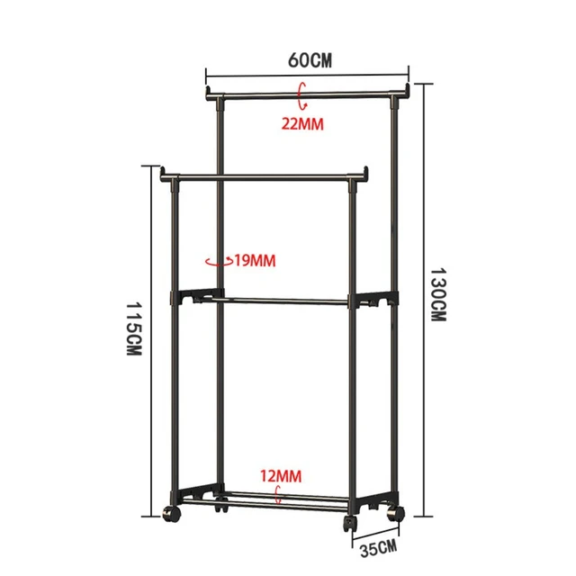 Appendiabiti mobile Scaffale per indumenti con asta rotante Appendiabiti in metallo con ruote Stendino singolo e doppio palo integrato per camera da letto 6