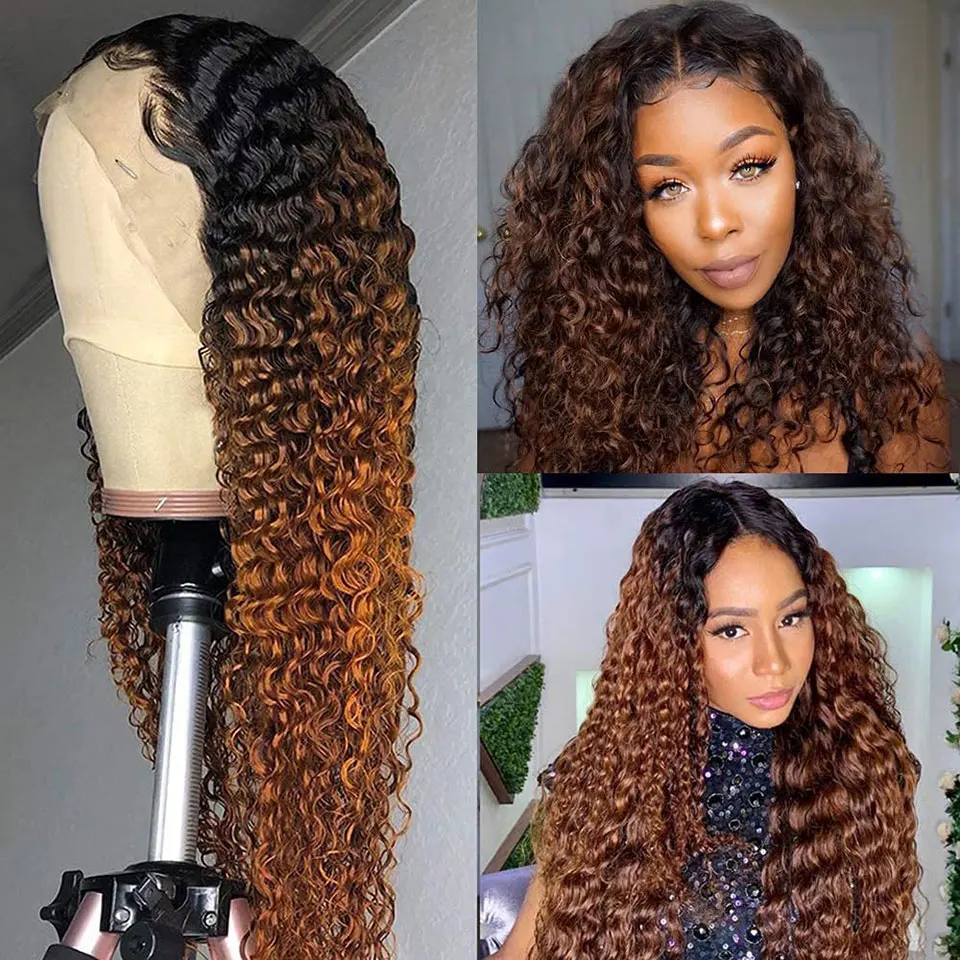 

Ombre Brown Curly Human Hair Wigs For Black Women 13x4 Lace Frontal Wig 150% Density Brazilian Remy Lace Front Human Hair Wigs