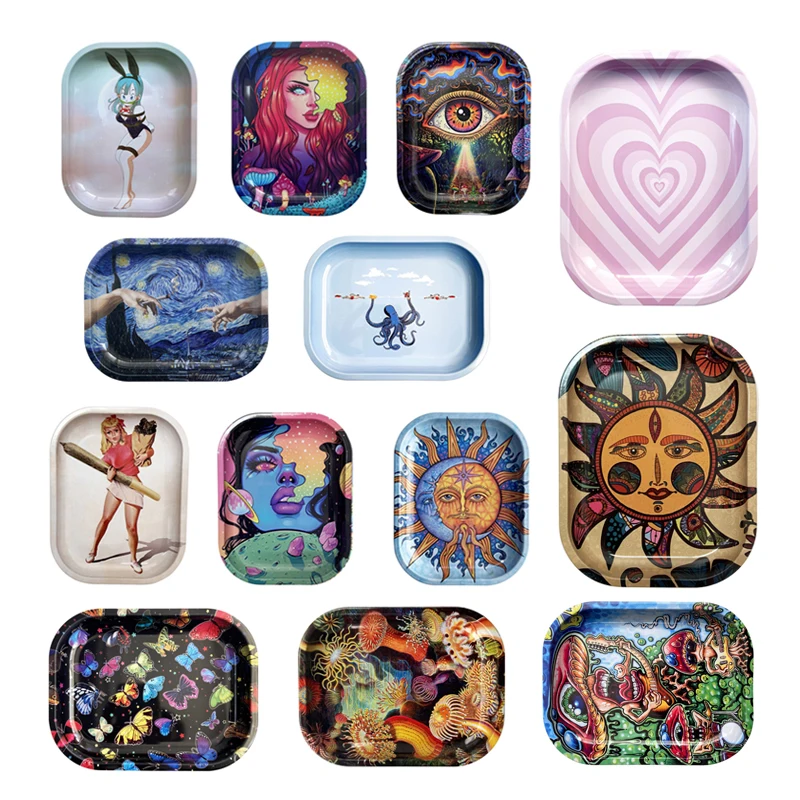 1Pcs Storage Smoking Metal Tray Rolling Tinplate Lovely Cartoon Pattern 180*140mm Pipe Cigarette Accessories Gifts DIY Operation 2