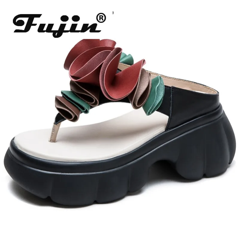 

Женские босоножки на танкетке Fujin, черные босоножки из натуральной кожи с открытым носком, на танкетке 6 см, с цветочной аппликацией, лето 2019