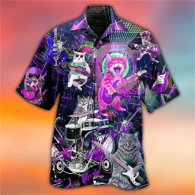 thumbnail image 1 of Camisa hawaiana divertida para hombre, sudadera playera con estampado de gato y música en 3D, camisa de manga corta de diseñador callejero, ropa para hombre de alta calidad, 1 of 5