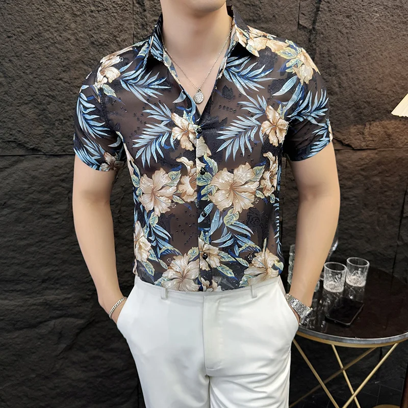 

Brand Clothing Men's Summer High Quality Cut-out Shirts Male Slim Fit Printed Cut-out Short-sleeved Shirts 4XL-M