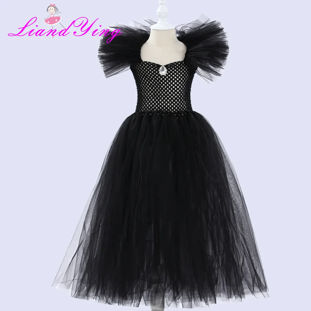 Karneval schwarze Hexe Fantasy Kinder Kostüm Horn Kopfschmuck Federflügel Tüllkleid mit magischen Stabhandschuhen Krähe Dekor für Cosplay – Detail 3